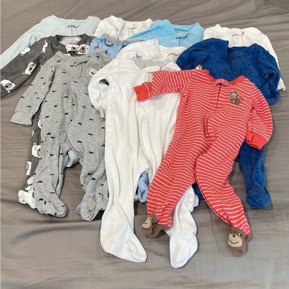 Carters 9 month bundle 11 long sleeve footed onesies with zipper
